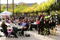 seated guests of Witchstock wear tall witch hats and vibrant colors